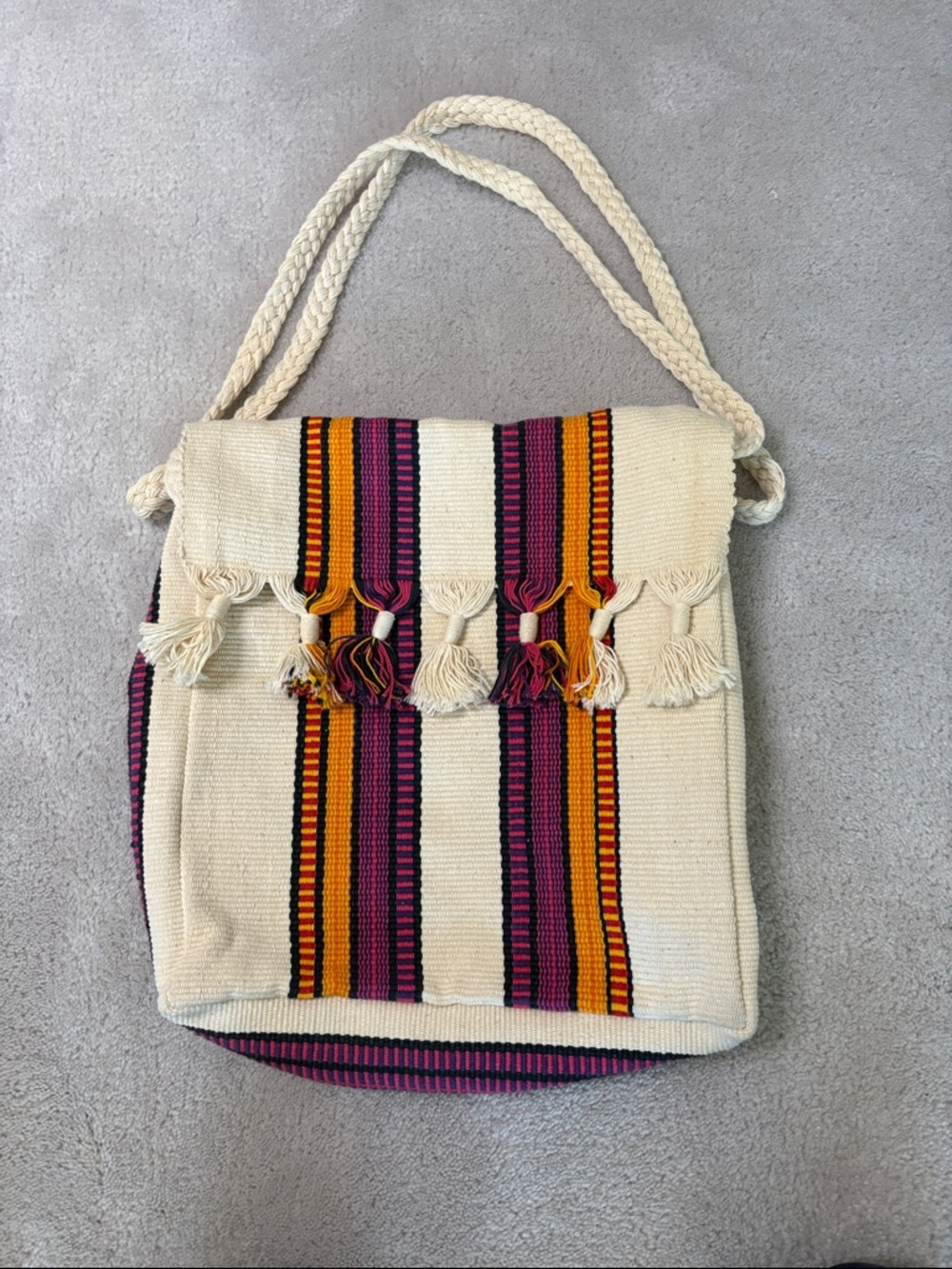 Handwoven Cream, Pink, Black & Orange Stripe Bag
